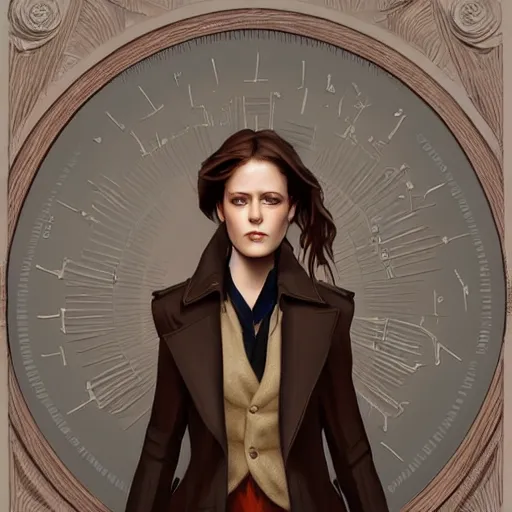 Prompt: full figure ultra realistic illustration, evan rachel wood with brown hair and bangs, wearing a brown trench coat, intricate, elegant, highly detailed, digital painting, artstation, concept art, smooth, sharp focus, illustration, art by artgerm and greg rutkowski and alphonse mucha