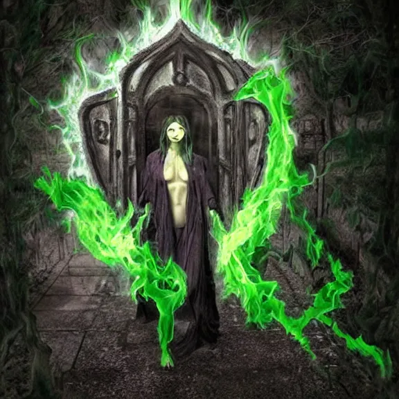 Image similar to woman summon the deathgate portal to the green flame hellgod's home, photograph taken by lord illusion of hyperrealism, dark creepy oil painting