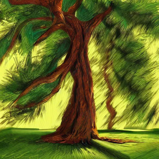 Image similar to illustration of a woman dancing near an old strong tall green persian cypress tree in wind, digital painting, artist farshchian