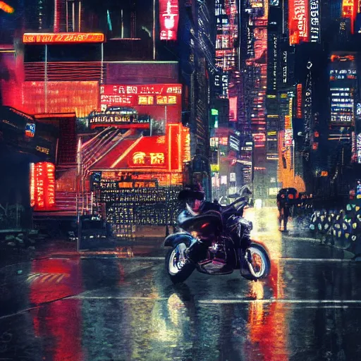 Image similar to kaneda on his motorcycle in neo tokyo looking for akira, night, neon lights, speed, art by katsuhiro otomo, ultra detailed, 8 k