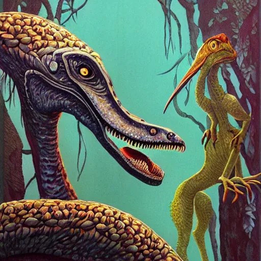 Image similar to portrait of velociraptor,, artwork by Daniel Merriam,
