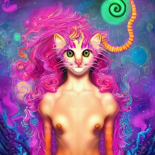 Prompt: autistic bisexual cat seahorse shapeshifter, long haired attractive humanoid, weirdcore voidpunk fursona, detailed coherent painterly complete character design, digital art by delphin enjolras, wlop, louis wain, lisa frank, furaffinity, cgsociety, trending on deviantart