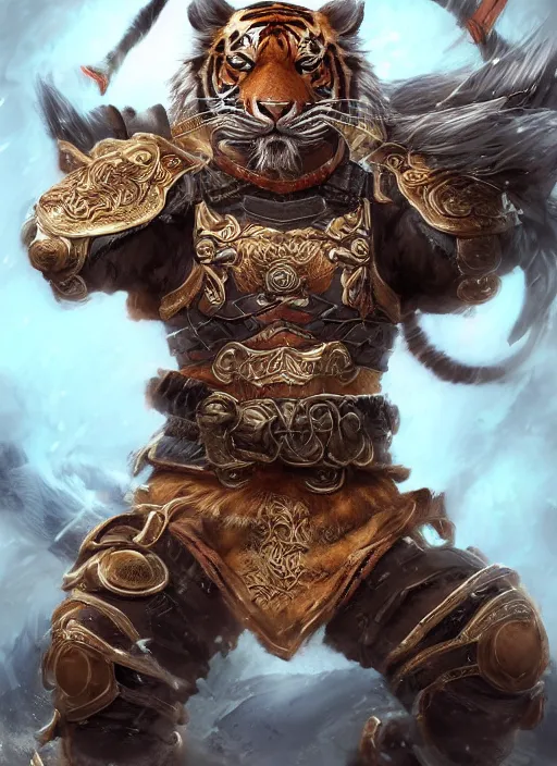 Image similar to realistic detailed semirealism tiger man wearing samurai armor. Tiger_character, tiger_beast, 獣, FFXIV, iconic character splash art, Detailed fur, detailed metal textures, 4K high resolution quality artstyle professional artists WLOP, Aztodio, Taejune Kim, Guweiz, Pixiv, Instagram, Artstation