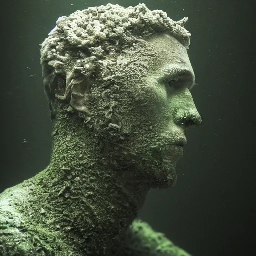 Image similar to Award-winning photograph by Mar Mann. The photo depicts a decaying roman bust of David Bowie overgrown with moss at the bottom of the sea in the middle of ruins of civilization. Minimalism, high definition, perfect composition. Deep sea picture. Very dark. Volumetric Lighting. Fish. Darkness. Ruins