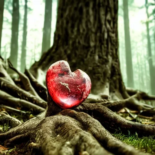 Prompt: photograph of a real human heart sitting on the ground in a forest of dead trees