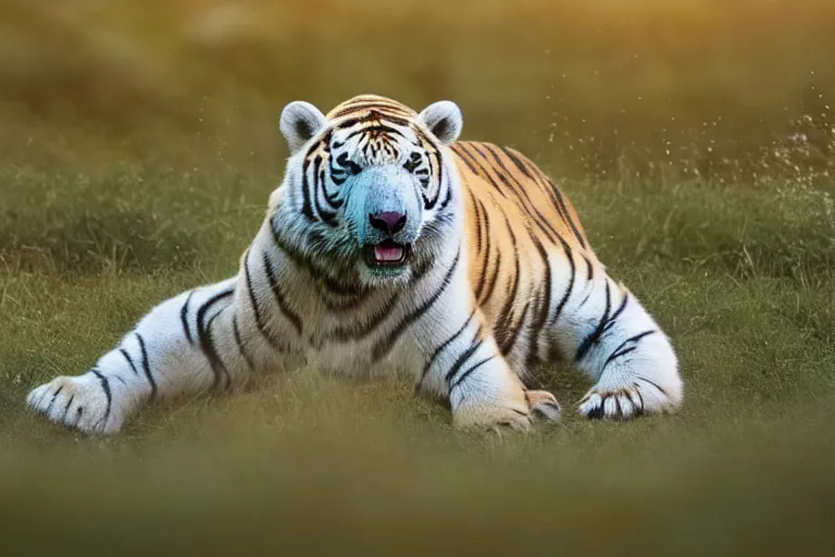 Image similar to a tiger polar bear!!! hybrid! hyper realistic!! realistic lighting!! wildlife photographer of the year!!! bold natural colors, national geographic, hd, wide angle, 8 k