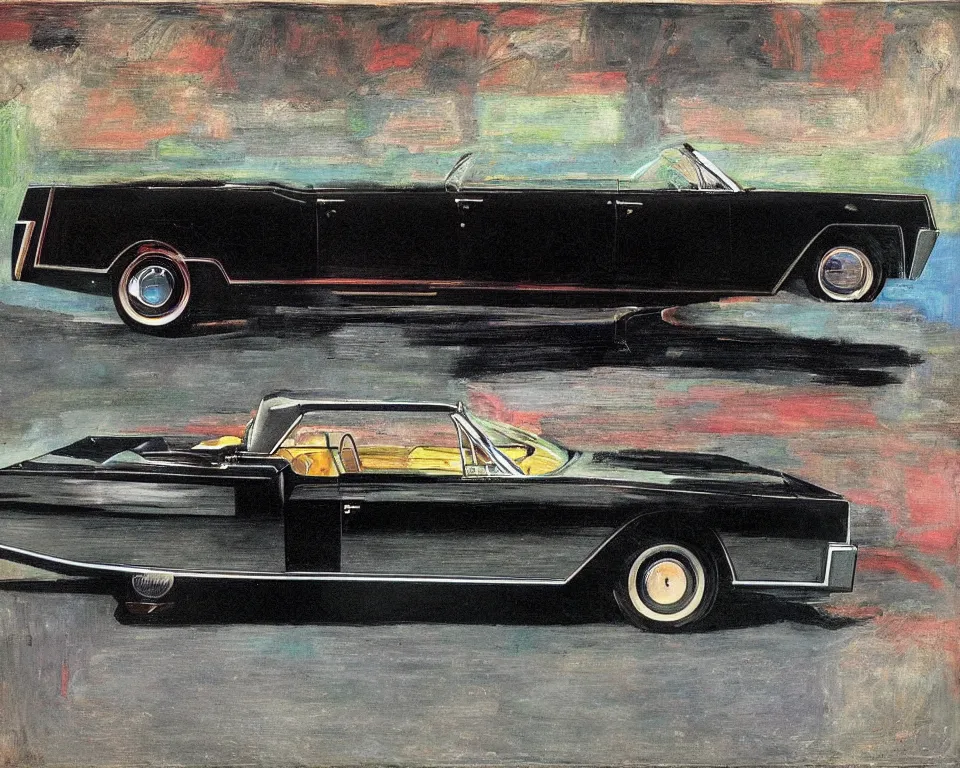 Prompt: an abstract, flat side view of a black 1963 Lincoln Continental convertible. intricate, vibrant, Raphael, Monet, Rene Margritte.