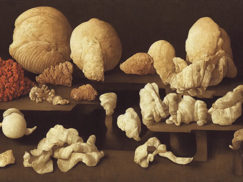 Prompt: Still life with corals, conch shell, white cloth, Buddha Ava statue, wilted flower, moldy bread. Painting by Hammershoi, Zurbaran, Morandi