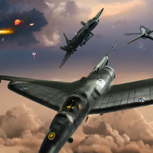 Image similar to an epic dogfight between a p 3 8 lightning, full color, 8 k cinematic photography, explosions in the background, parachutes, ultra realistic digital art, unreal engine, style of keith