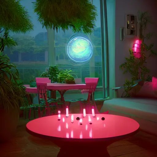 Image similar to glowing pink neon spheres, on a table with plants, vignette, digital art by Thomas Cole and John Harris, trending on artstation