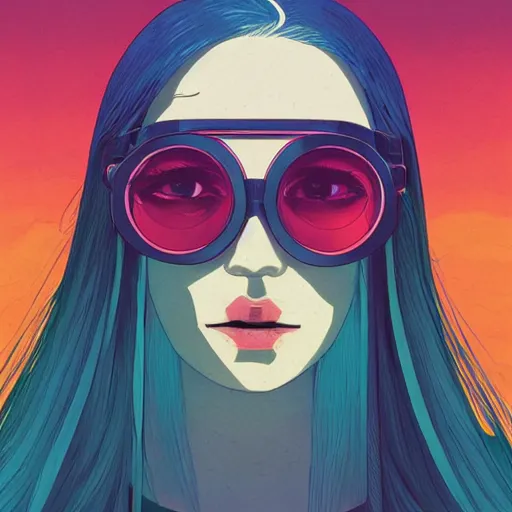 Prompt: portrait of a futuristic blue haired girl wearing glasses at sunset, dramatic lighting, by victo ngai