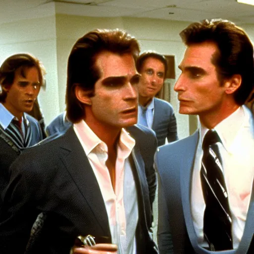 Image similar to huey lewis and the news visit patrick bateman in a pschy ward and give him a kiss on the lips