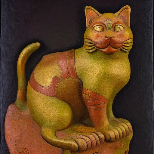 Image similar to masterpiece mechanical cloisonne cat sculpture, by annie swynnerton and diego rivera and nicholas roerich and jean delville and charlie bowater, symbolist, dramatic lighting, god rays, art brut, rich colors, smooth sharp focus, extremely detailed, adolf wolfli and ( donato giancola and bilibin )