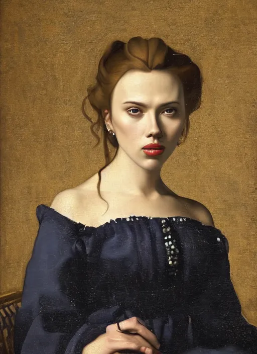 Prompt: portrait of scarlett johansson, oil painting byjohannes vermeer, 1 7 th century, art, oil on canvas, wet - on - wet technique, realistic, expressive emotions, intricate textures, illusionistic detail