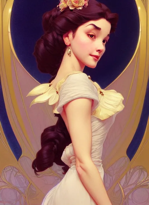 Prompt: portrait of disney belle, intricate, elegant, highly detailed, my rendition, digital painting, artstation, concept art, smooth, sharp focus, illustration, art by artgerm and greg rutkowski and alphonse mucha and uang guangjian and gil elvgren and sachin teng, symmetry!!