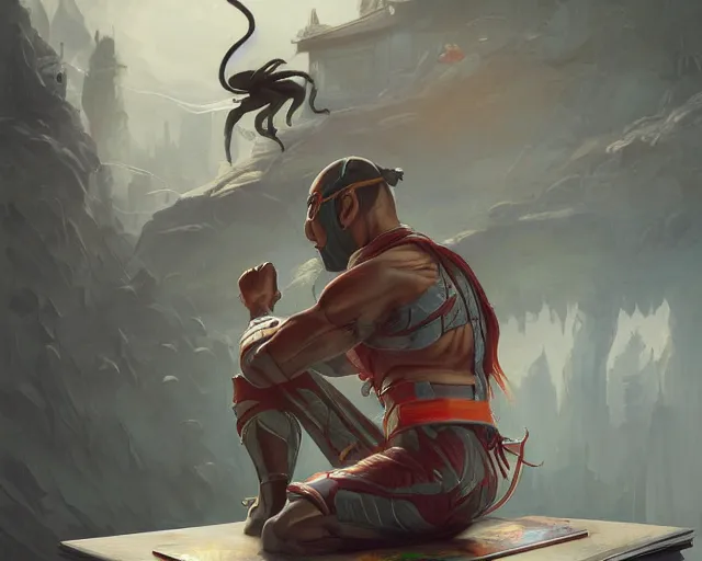 Image similar to an insanely detailed painting of an asian man wearing a homemade superhero costume, sitting at a desk, staring at the nervously at the computer and typing, in the style of peter mohrbacher, dramatic lighting and composition, surreal background, octane render, pixar, trending on artstation, concept art, comic book, view from behind