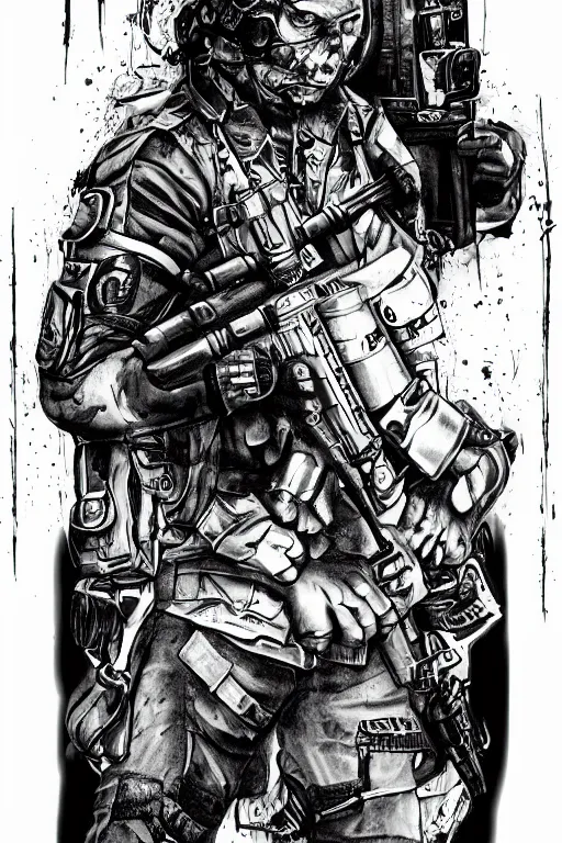 Prompt: a paranormal soldier, mystical tattoos, emp weapons strapped in shoulders, horror sci - fi black and white poster