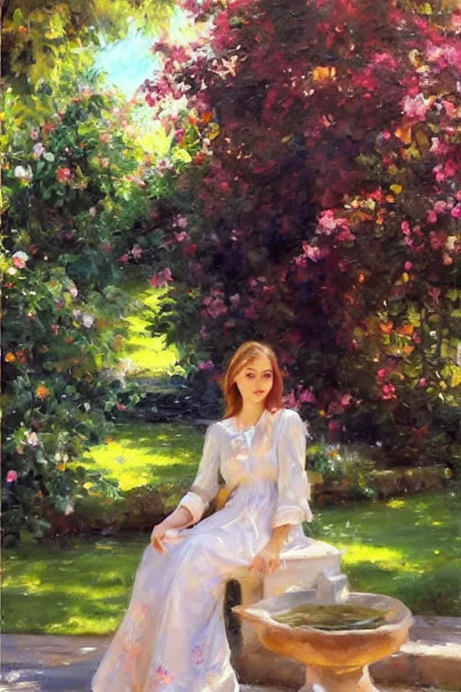 Prompt: portrait of a beautiful woman by the fountain in the garden, morning, highly detailed, ultrarealistic oil painting, vladimir volegov, artstation