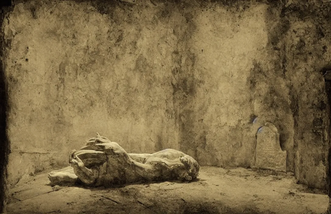 Prompt: tomb in which the body will be laid divisionism there is no sense of movement realm of words emerging from lush greenery intact flawless ambrotype from 4 k criterion collection remastered cinematography gory horror film, ominous lighting, evil theme wow photo realistic postprocessing ink and water jan van der heyden