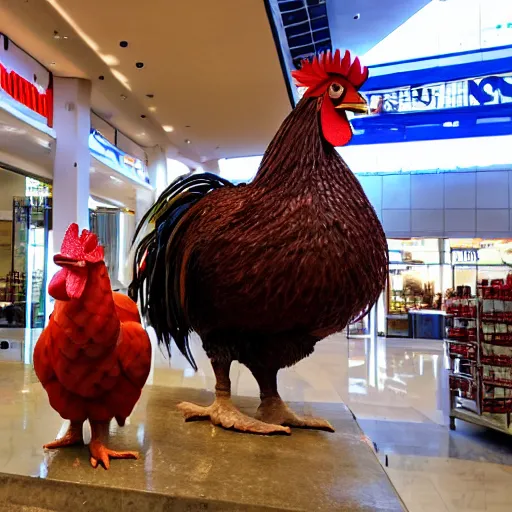 Image similar to giant rooster next to a small rooster inside a shopping mall