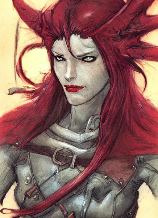 Image similar to portrait of strong female rogue, beautiful! coherent! dungeons and dragons character, by brian froud, strong line, night color, leather armor, short red hair, high contrast