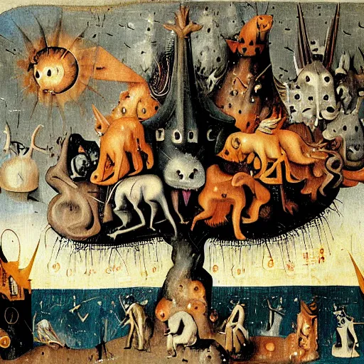 Prompt: apocalypse. By hieronymous Bosch and Lisa Frank