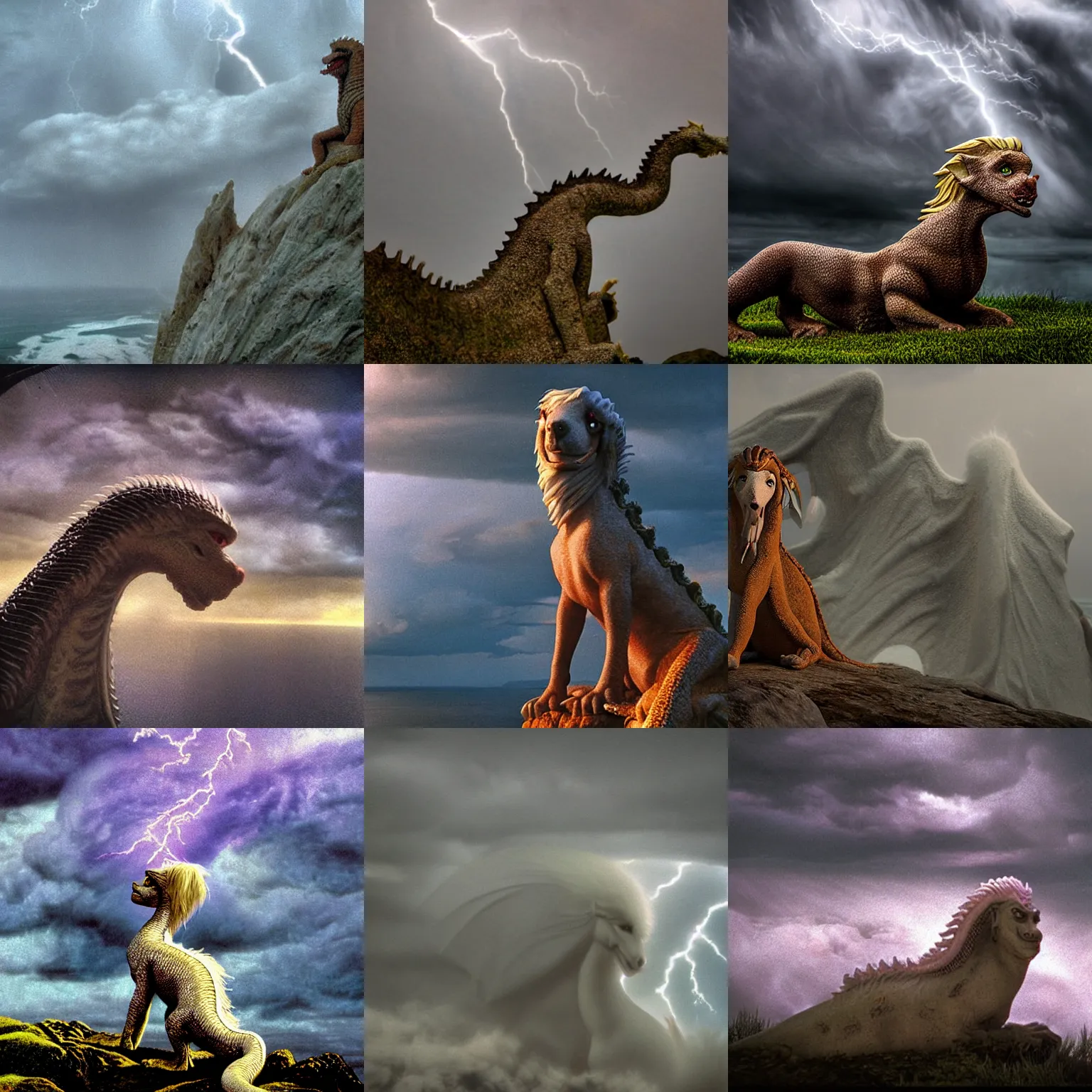 Prompt: falcor close - up, the long bodied luck dragon, looking for atreyu, looking down at the shoreline in a epic thunderstorm. the neverending story. cinematic still matte eighties hdri upscale rutkowski cinema still