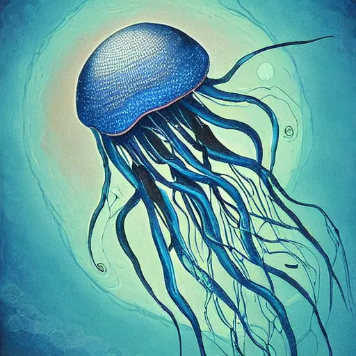 Image similar to a painting of a jellyfish in blue water, a digital painting by Earnst Haeckel, featured on deviantart, digital art, bioluminescence, luminescence, black background