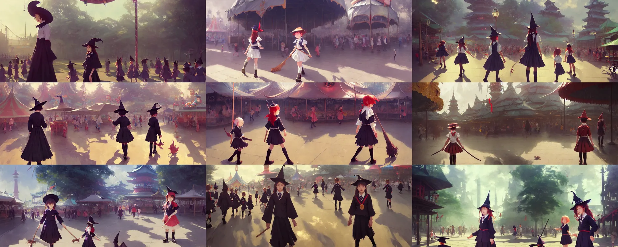 Prompt: young student witch wearing magic school uniform patrolling around small town carnival amusement, food stalls, big top circus tent, highly detailed, magical, japan, digital painting, concept art, matte, art by ruan jia and wlop and greg rutkowski and makoto shinkai, masterpiece