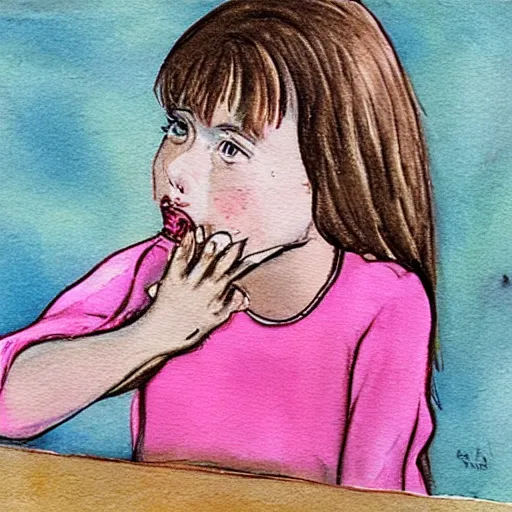 Prompt: a dark haired young girl in a pink dress, shocked expression, hand over mouth, 1990s bedroom, children's book illustration, watercolor, line drawing