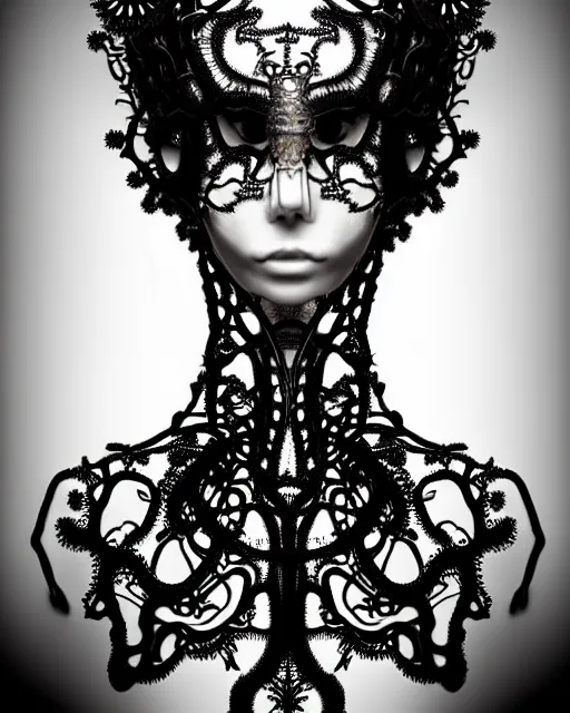 Image similar to surreal black and white photo portrait of complex bio-mechanical beautiful young female vegetal-cyborg with a Mandelbrot fractal steampunk metal fine lace face, a very long neck and a fine metal floral foliage super big lace collar by Alexander McQueen:: high fashion, haute couture, rococo, steampunk, silver filigree details, anatomical, facial muscles, cable wires, microchip, elegant, dreamy, foggy, hyper realistic, 150 mm lens, soft rim light, octane render, unreal engine, picture was taken in 1910 by Dora Maar, volumetric lighting, dramatic light,8k,