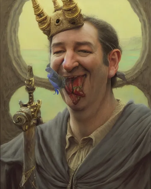 Image similar to frame portrait of ted cruz, court jester in renaissance era, fantasy 3 d render, masterpiece, by donato giancola and greg rutkowski and wayne barlow and zdzisław beksinski, high contrast, realistic face