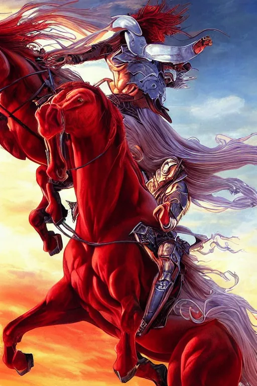 Prompt: the first singular horseman of the apocalypse riding a red stallion, horse is up on it's hindlegs, the rider looks carries a large sword, flames, artwork by artgerm and rutkowski, breathtaking, dramatic