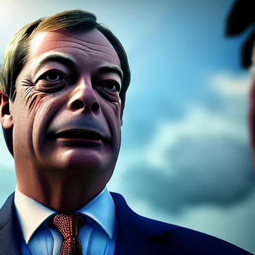 Image similar to nigel farage in skyrim splash art, movie still, detailed face, cinematic lighting, dramatic, octane render, long lens, shallow depth of field, bokeh, anamorphic lens flare, 8 k, hyper detailed, 3 5 mm film grain