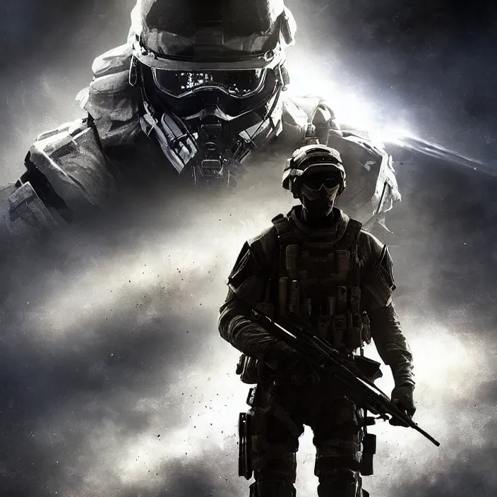 Image similar to cinematic, beautiful lighting, call of duty ghost soldier looking out into the vastness of space, digital art
