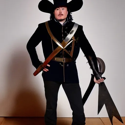 Image similar to full body photo of elon musk cosplaying a musketeer, he has a big black hat and holds a shiny sword