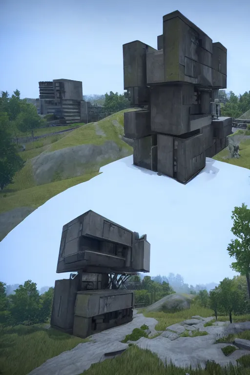 Prompt: building a base in valheim, brutalist architecture, in the style of the PC game Valheim