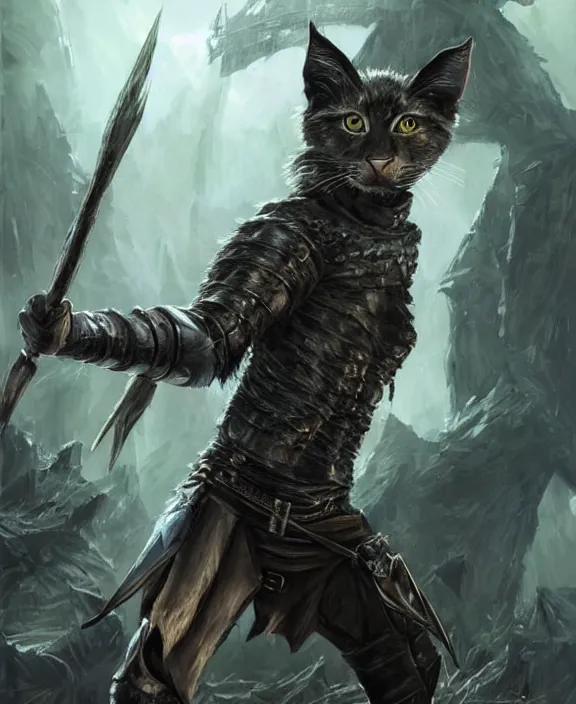 Image similar to humanoid male khajiit rogue with a scar on left eye, wearing leather armor with a hood, mainecoon cat features with jet black fur, far - mid shot, magic the gathering, fantasy