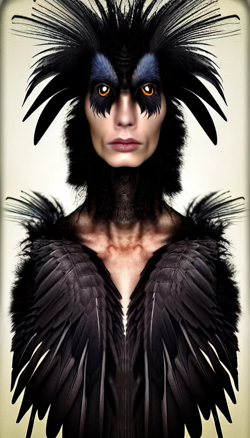 Prompt: epic professional digital portrait art of a human - crow hybrid creature, human eyes, crow head, crow beak, feathery skin, feathered humanoid torso