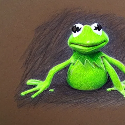 Prompt: low detail pencil sketch of kermit the frog