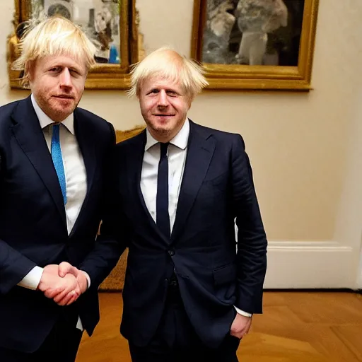 Prompt: Hideo Kojima shaking hands with Boris Johnson, photo