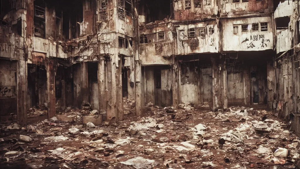 Prompt: photograph of a filthy, disused basement in Kowloon Walled City, 1994, unsanitary, dirty, contaminated, 35mm photo. Highly detailed, photographic, realistic, dramatic, cinematic