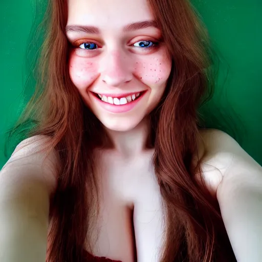 Prompt: beautiful hyperrealism hyperdetailed selfie of a cute young woman smiling softly, long light bronze brown hair, cute freckles, flushed face, red blush, small heart - shaped face, soft features, emerald green eyes, 8 k, sharp focus,