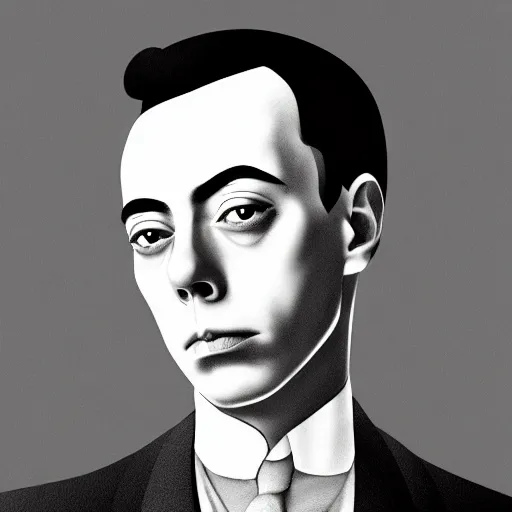 Prompt: portrait of young buster keaton, handsome, smooth, fine, striking features, anime fantasy illustration by araki hirohiko, lucky land communications, david production inc., kyoto studio, madhouse, ufotable, trending on artstation