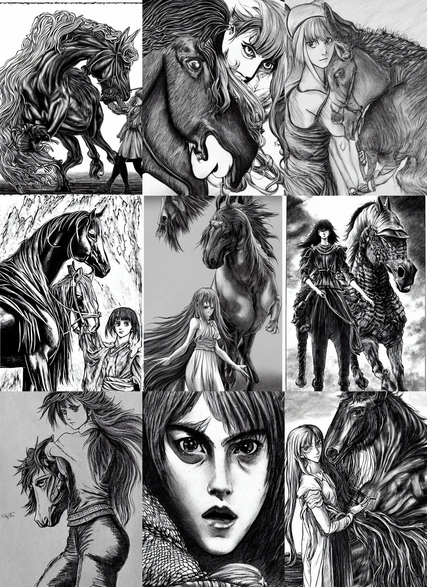 Prompt: Emma Watson meets the horse from Berserk (manga), highly detailed, black and white, manga, art by Kentaro Miura