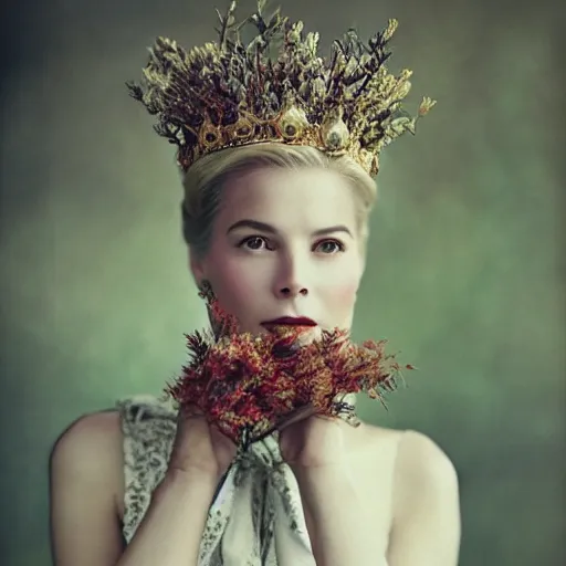 Prompt: fine art photo of grace kelly, she has a crown of dried flowers, by oleg oprisco