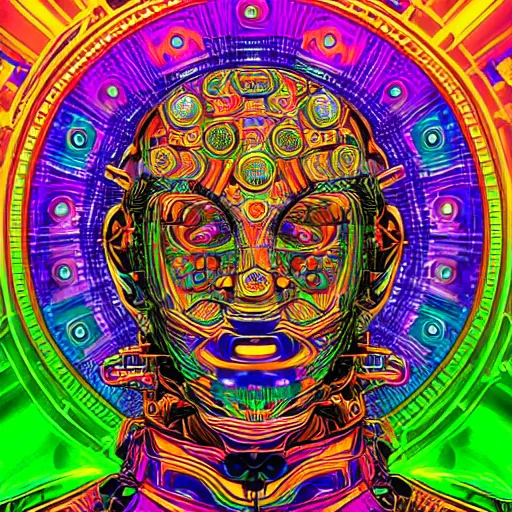 Prompt: hyperdetailed masterpiece portrait of a psychedelic steampunk robot head, covered in colorful glowing holy geometry and chakras, wearing multicolored tubes, 8 k, halluzinogenic, meditative, flourescent colors on black background, tshirt art