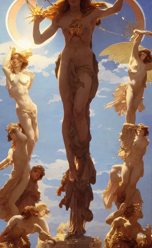 Image similar to illustration of the four armed statue of the goddess of the sun helios descending from olympus, artstation, concept art, smooth, sharp focus, illustration, art by artgerm and greg rutkowski and alphonse mucha and william adolphe bouguereau and john william waterhouse