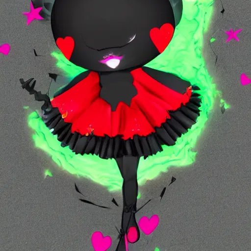 Prompt: cute fumo plush of a void imp who crawled out a hole in reality, anime girl, black and red, green ribbon and heart, ruffled and tattered dress, symmetry, gothic, melting crayons, glow, vray