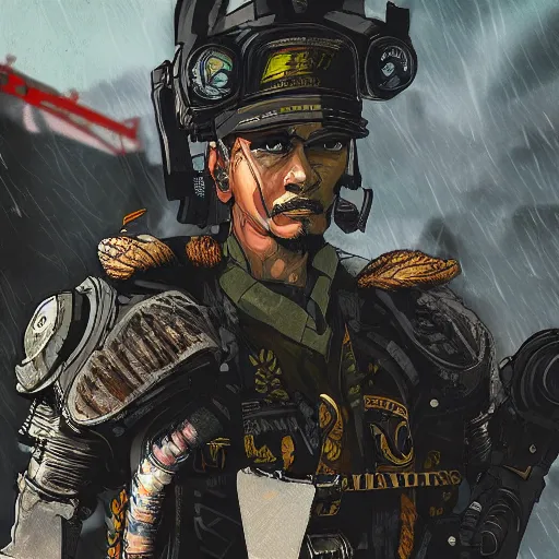 Image similar to 8K detailed illustration of a post-apocalyptic cyberpunk Indonesia war general in the style of Yoji Shinkawa, high resolution